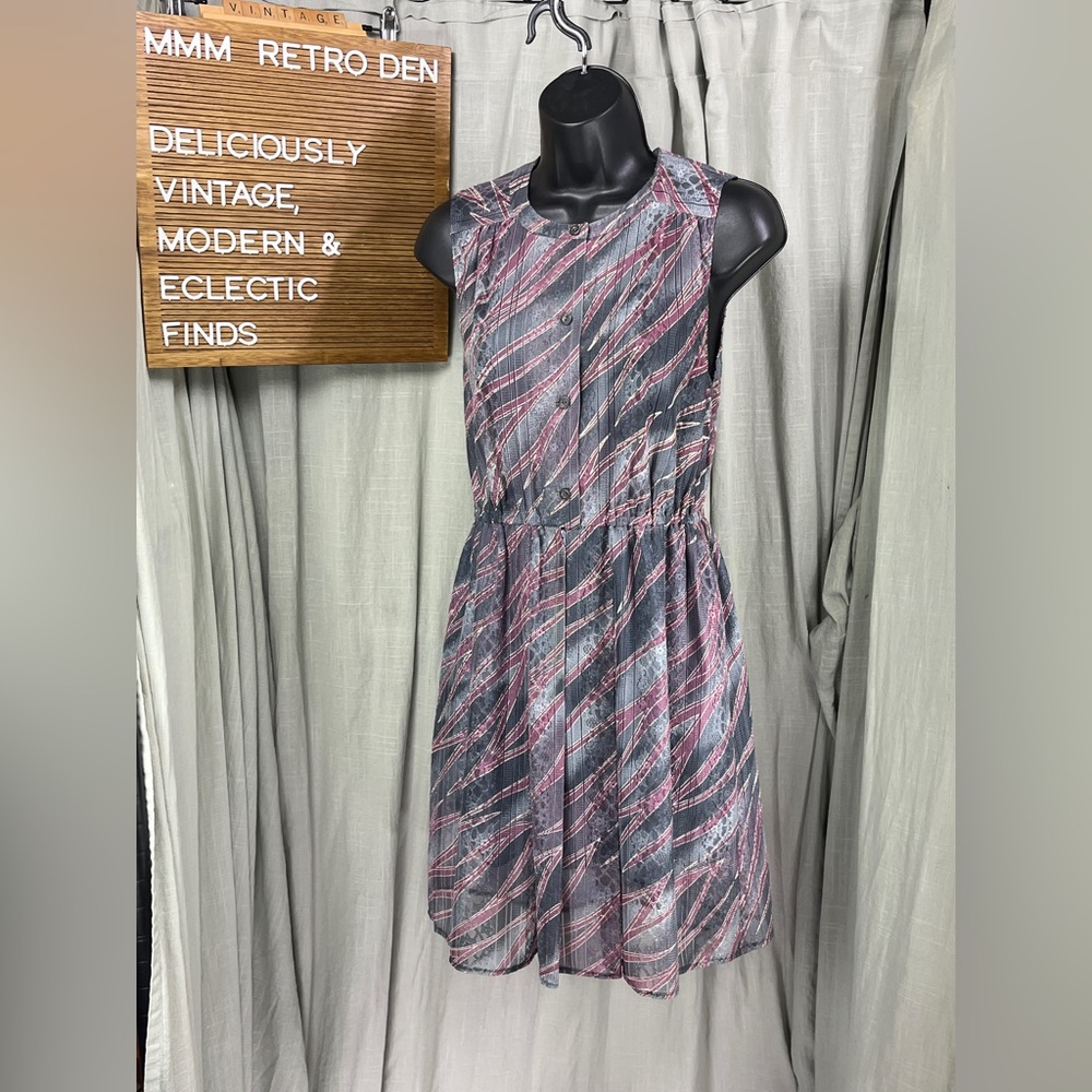 Vintage Ark Reworks Upcycled Chic Sleeveless Patterned Dress in Pink and Blue